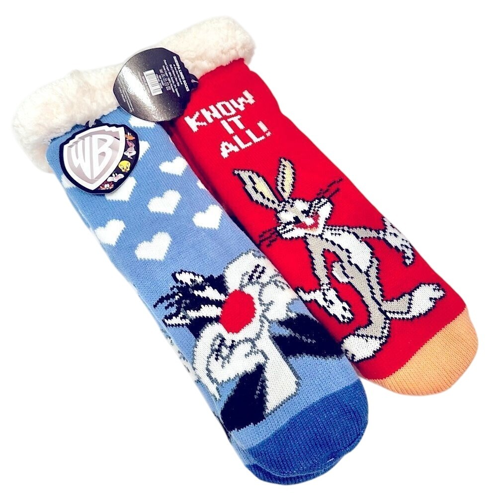 Warner Bros Set‎ of 2 Sherpa Socks Sylvester & Bugs Bunny Warm Cozy OSFM NEW